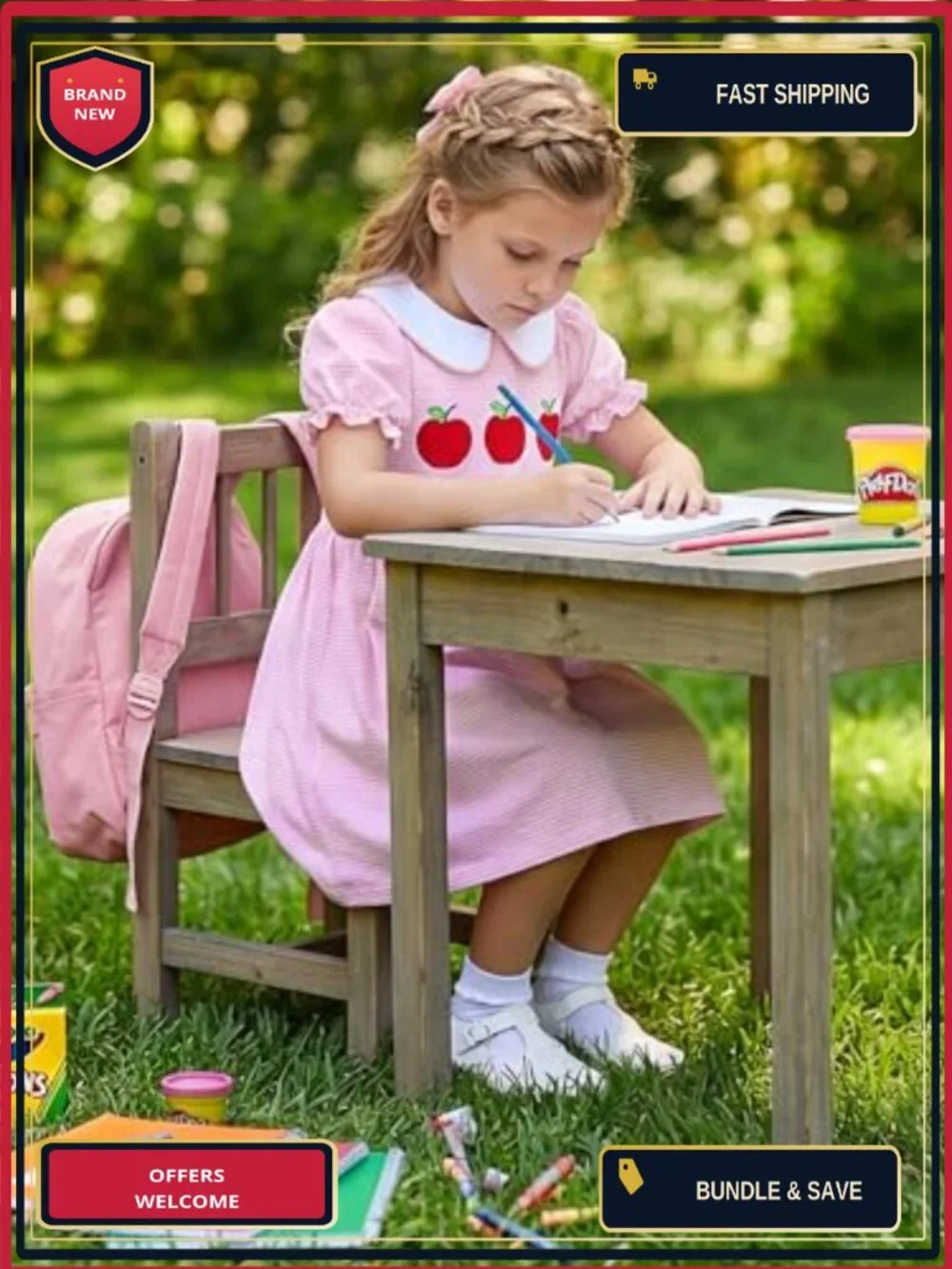 Kids Girls Back to School Ruffle Dress, Cotton, Crew Neck, Cap Sleeve, Button